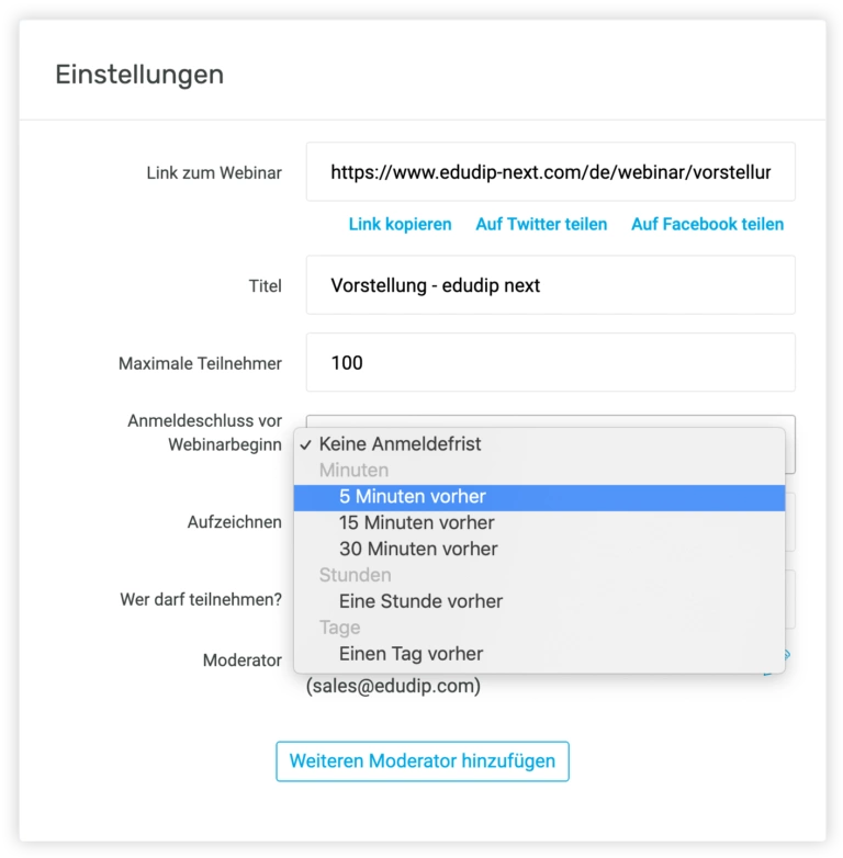 Einstellungen für die Erstellung von Webinaren mit edudip